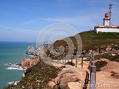 Cliffs and lighthouse in Cabo da Roca near Sintra, Portugal, continental Europeâ€™s westernmost point Stock Photo